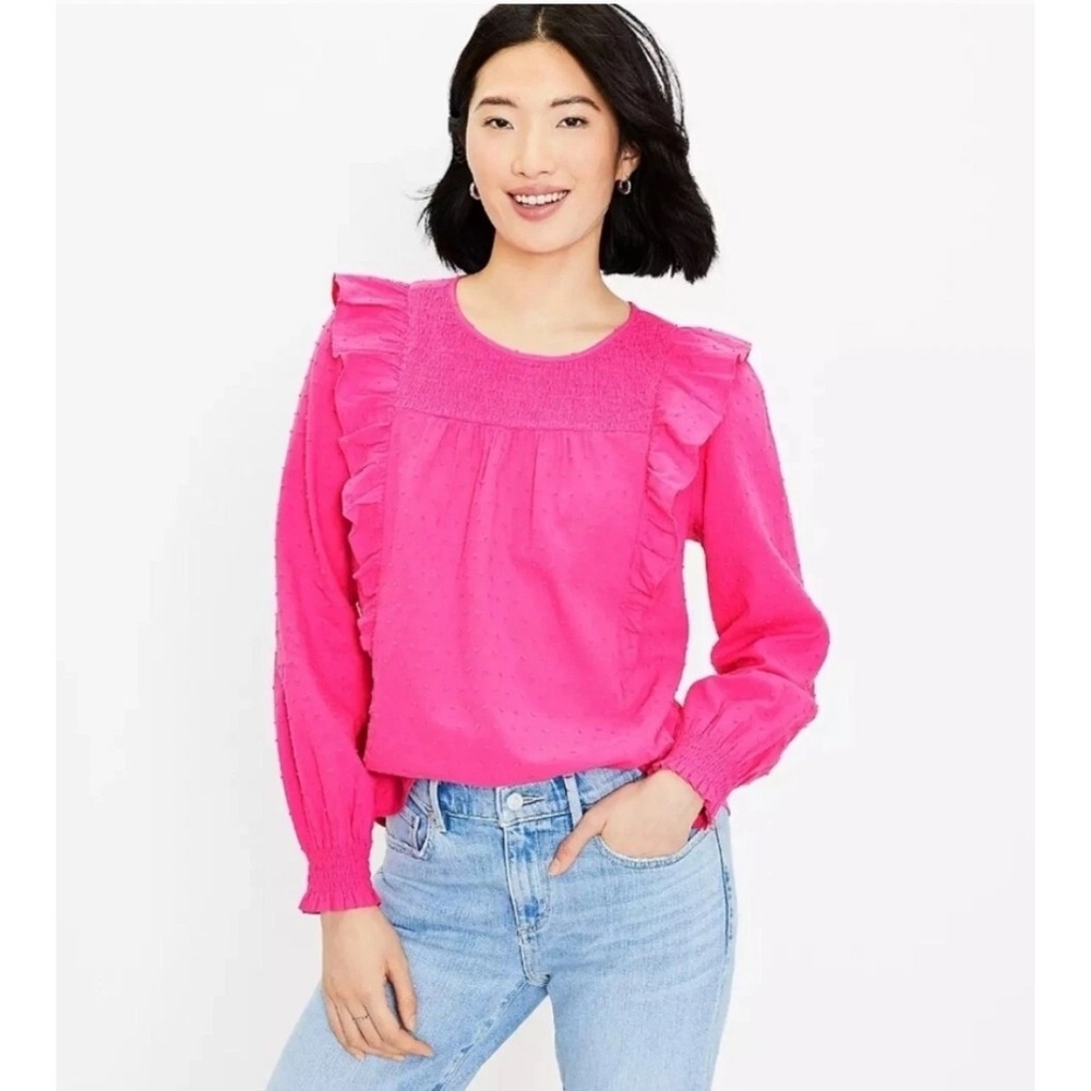 Loft Womens XL Fuchsia Pink Swiss Dot Ruffle Smocked Long Sleeve Blouse Top